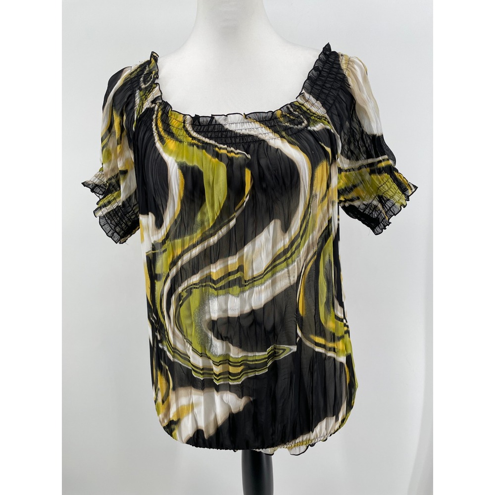 Artsy Abstract‎ Top Womens Medium Black Yellow Y2K Boho Funky Retro Psychedelic